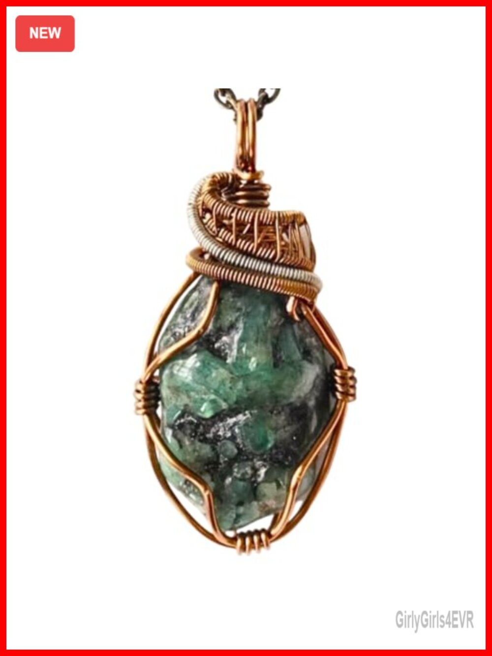 Handmade Raw Emerald Birthstone Pendant Necklace Antique Bronze Chain 24"